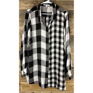 Boutique Plus Women Plus Sz 1X Black & White Plaid  Button Down Long Sleeve Top